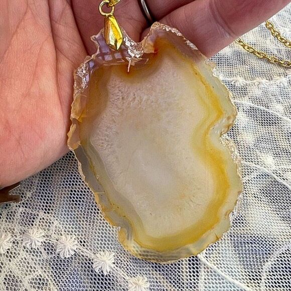 Large Golden Geode Slab Pendant Necklace 18” - Picture 4 of 9
